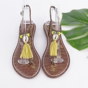 Sam Edelman Womens Kara Sandals Size 6 Brown Thong Slingback Yellow Tassel Shell